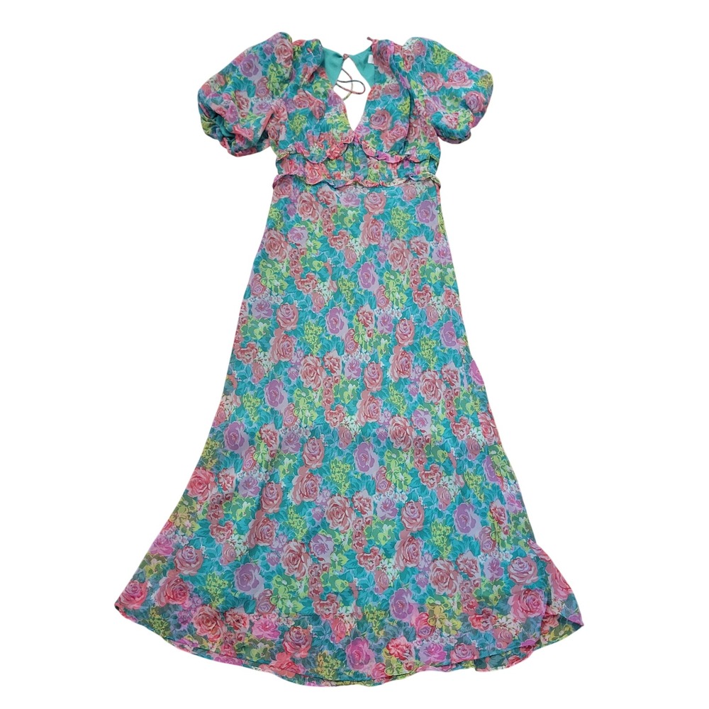 ASTR The Label M Maxi Dress Green Pink Floral Puff Sleeve ESPERANZA V Neck Fairy - Picture 3 of 10